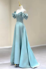 Blue Satin Long A-Line Corset Prom Dress, Off the Shoulder Evening Dress outfit, Prom Shoes