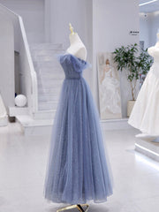 Blue Strapless Tulle Long Corset Prom Dress, Blue A-Line Evening Dress outfit, Party Dress Brands