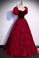 Burgundy Velvet Long A-Line Corset Prom Dress, Short Sleeve Evening Dress outfit, Dress To Wear To A Wedding