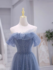 Blue Strapless Tulle Long Corset Prom Dress, Blue A-Line Evening Dress outfit, Party Dresses Websites