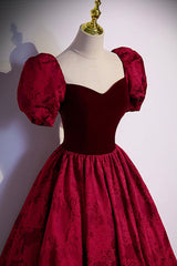 Burgundy Velvet Long A-Line Corset Prom Dress, Short Sleeve Evening Dress outfit, Burgundy Prom Dress