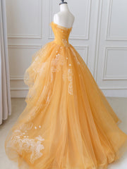 Orange Tulle Lace Long High Low Corset Prom Dress, A-Line Strapless Evening Dress outfit, Bridesmaid Dresses Mismatching