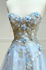 Blue Tulle Appliques Long Corset Prom Dresses, A-Line Strapless Evening Dresses outfit, Party Dresses Online Shopping