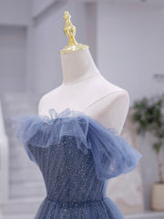 Blue Strapless Tulle Long Corset Prom Dress, Blue A-Line Evening Dress outfit, Party Dresses 2040