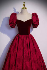 Burgundy Velvet Long A-Line Corset Prom Dress, Short Sleeve Evening Dress outfit, Dance Dress