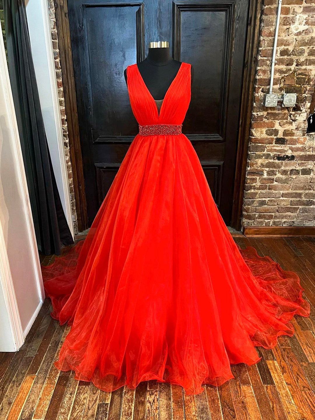 Red V-Neck Tulle Long Corset Prom Dress, Red A-Line Evening Dress with Beaded outfit, Party Dress Lady