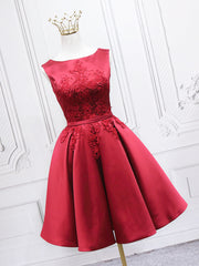 Burgundy Satin Lace Short Corset Prom Dress, A-Line Corset Homecoming Dress outfit, Formal Dress Summer