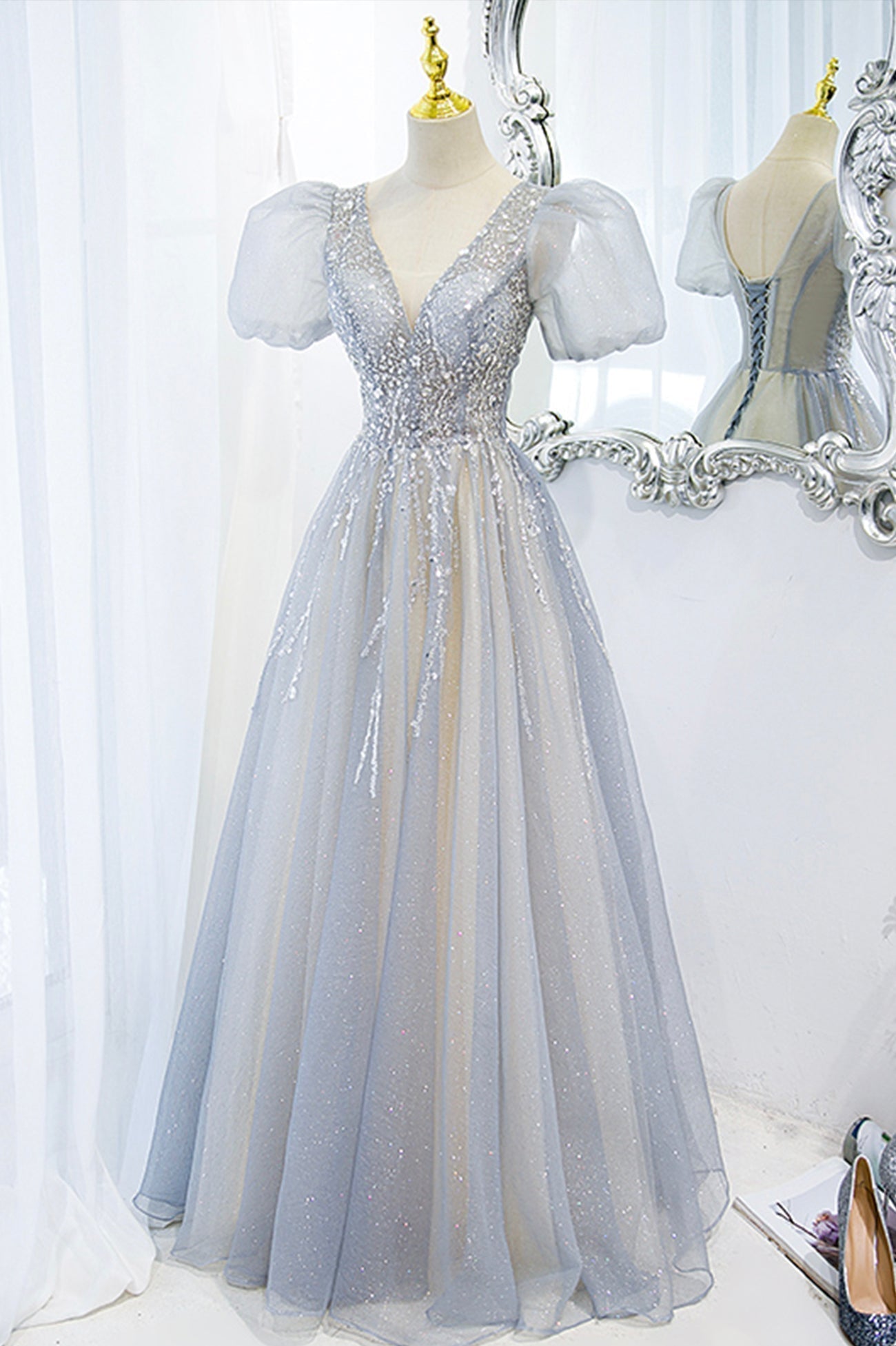 Gray Tulle Beading Long Corset Prom Dresses, A-Line Short Sleeve Corset Formal Evening Dresses outfit, Prom Dresse Long