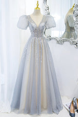 Gray Tulle Beading Long Corset Prom Dresses, A-Line Short Sleeve Corset Formal Evening Dresses outfit, Prom Dressed Long
