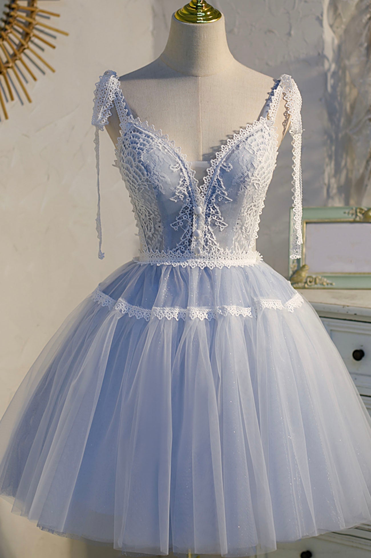 Blue Lace Short A-Line Corset Prom Dress, Cute Spaghetti Strap Party Dress Outfits, Unique Wedding Ideas