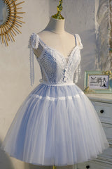 Blue Lace Short A-Line Corset Prom Dress, Cute Spaghetti Strap Party Dress Outfits, Mother Of The Bride Dress