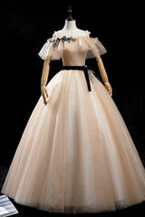 Champagne Tulle Long Corset Prom Dresses, A-Line Princess Evening Dress outfit, Couture Gown