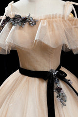 Champagne Tulle Long Corset Prom Dresses, A-Line Princess Evening Dress outfit, Casual Gown