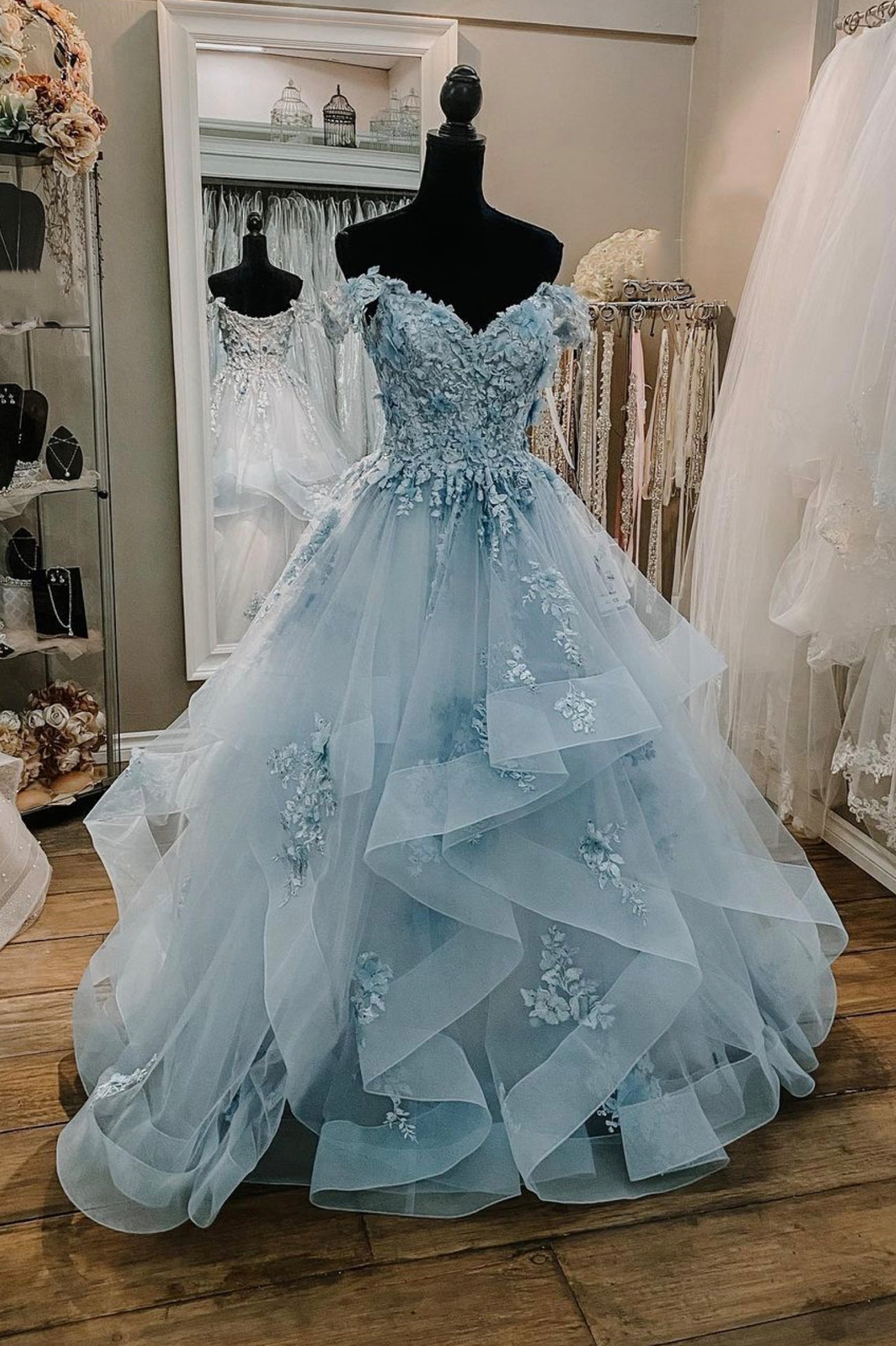 Blue Tulle Lace Long Corset Prom Dresses, Off the Shoulder Evening Dresses outfit, Party Dresses For Teenage Girl