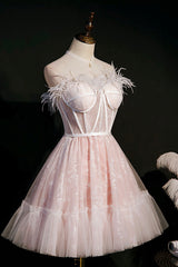 Pink Strapless Lace Short Corset Prom Dress, A-Line Party Dress with Feather outfit, Bridesmaids Dress Websites