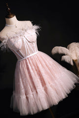 Pink Strapless Lace Short Corset Prom Dress, A-Line Party Dress with Feather outfit, Bridesmaid Dresses Website