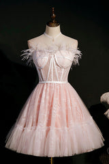 Pink Strapless Lace Short Corset Prom Dress, A-Line Party Dress with Feather outfit, Bridesmaid Dress As Wedding Dress