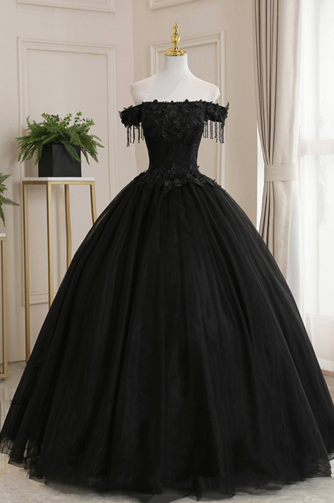 Black Tulle Lace Off the Shoulder Corset Prom Dress, Black A-Line Evening Dress outfit, Bridesmaids Dresses For Beach Wedding