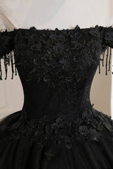 Black Tulle Lace Off the Shoulder Corset Prom Dress, Black A-Line Evening Dress outfit, Bridesmaid Dresses Styles Long