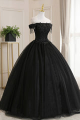 Black Tulle Lace Off the Shoulder Corset Prom Dress, Black A-Line Evening Dress outfit, Bridesmaid Dress Styles Long
