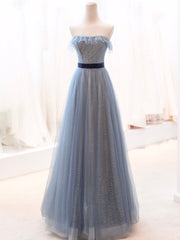 Blue Tulle Long Corset Prom Dress, A-Line Strapless Evening Party Dress Outfits, Party Dress Roman