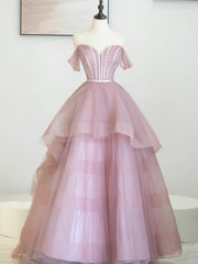 Pink Tulle Sequins Long Corset Prom Dress, Off Shoulder Evening Dress outfit, Bridesmaids Dresses Black