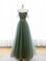 A-Line Green Tulle Long Corset Prom Dress, Off the Shoulder Evening Party Dress Outfits, Prom Dress Navy