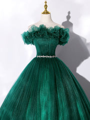 Green Off Shoulder Tulle Corset Formal Dress, A-Line Long Corset Prom Dress outfits, Prom Dresses Green