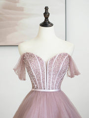 Pink Tulle Sequins Long Corset Prom Dress, Off Shoulder Evening Dress outfit, Bridesmaid Dress Black