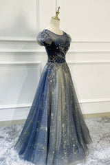 Blue Scoop Neckline Tulle Long Corset Prom Dress, A-Line Evening Dress outfit, Party Dresses Long Dress