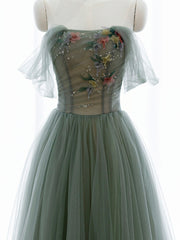 A-Line Green Tulle Long Corset Prom Dress, Off the Shoulder Evening Party Dress Outfits, Prom Dress Blush