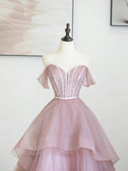Pink Tulle Sequins Long Corset Prom Dress, Off Shoulder Evening Dress outfit, Bridesmaids Dress Black