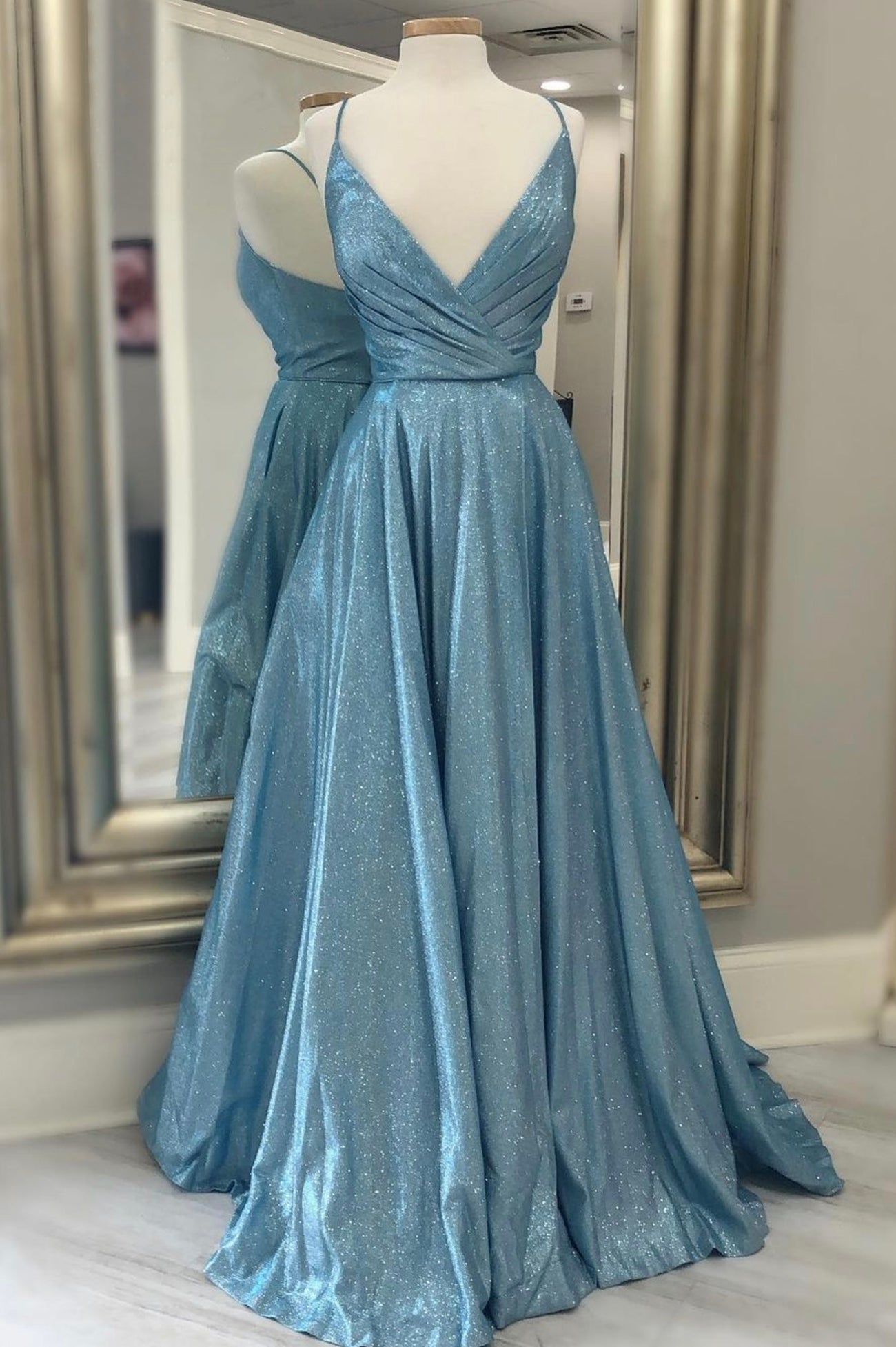 Blue V-Neck Long Corset Prom Dresses, A-Line Blue Evening Dresses outfit, Party Dress Patterns