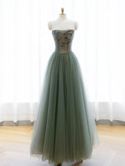 A-Line Green Tulle Long Corset Prom Dress, Off the Shoulder Evening Party Dress Outfits, Prom Dresses 2041 Long Sleeve