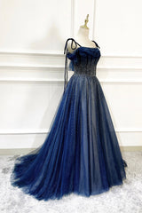 Blue Long Tulle Beaded Corset Prom Dress, Blue Evening Party Dress Outfits, Bridal Bouquet