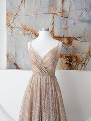 Champagne Spaghetti Strap Sequins Long Corset Prom Dress, Shiny V-Neck Evening Dress outfit, Evening Dress Elegant Classy