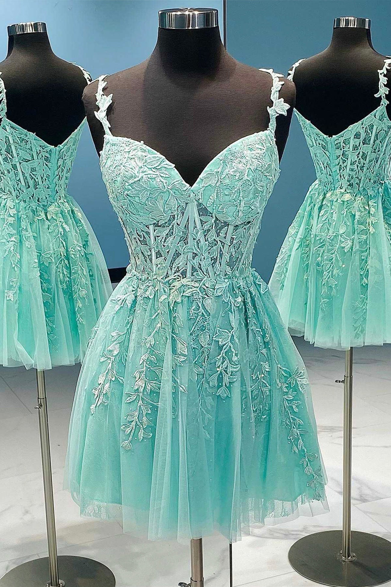 A-Line Tulle Lace Short Corset Prom Dress, Cute Spaghetti Strap Party Dress Outfits, Dream