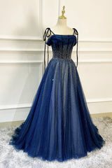 Blue Long Tulle Beaded Corset Prom Dress, Blue Evening Party Dress Outfits, Short Wedding Dress