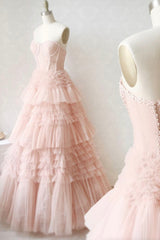 Pink Tulle Lace Long Corset Prom Dresses, A-Line Strapless Evening Dresses outfit, Bridesmaid Dress White