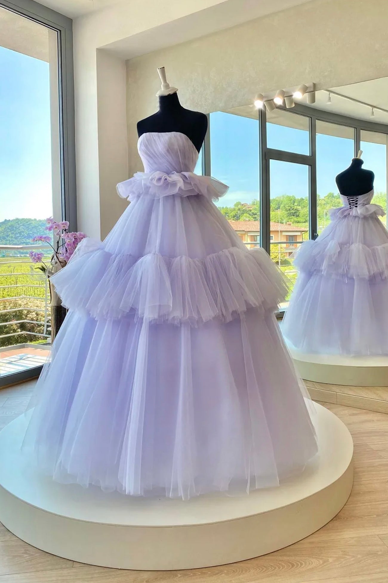 Purple Strapless Tulle Long Corset Ball Gown, A-Line Corset Formal Sweet 16 Dress outfit, Wedding Photography