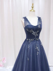 Blue Tulle Beaded Long Corset Prom Dress, Blue Evening Party Dress Outfits, Party Dress For Wedding