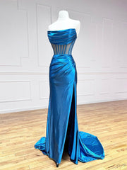 Blue Strapless Pleated Long Corset Prom Dress, Blue Satin Party Dress Outfits, Party Dress Quick