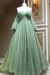 Green Tulle Long Sleeve Corset Prom Dress, A-Line Off the Shoulder Evening Dress outfit, Prom Dress Green