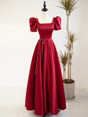 Burgundy Satin Short Sleeve Floor Length Corset Prom Dress, Burgundy Evening Dress with Pearls Gowns, Formal Dresses Wedding