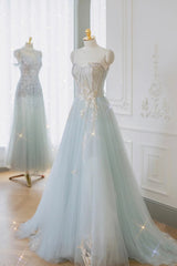 Blue Tulle Lace Long Corset Prom Dress, A-Line Strapless Evening Dress outfit, Party Dress Size 174