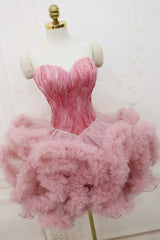 Pink Sweetheart Neck Short Corset Prom Dress, A Line Party Dress with Feather outfit, Bridesmaid Dress Shops Near Me