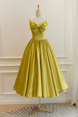 Yellow Satin Short Corset Prom Dresses, Cute A-Line Bow Corset Homecoming Dresses outfit, Party Dress For Couple