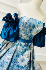 Blue Floral Long Senior Corset Prom Dress, Blue A-Line Evening Dress outfit, Wedding Color Schemes