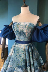 Blue Floral Long Senior Corset Prom Dress, Blue A-Line Evening Dress outfit, Bridal Shower Games