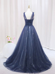Blue Tulle Beaded Long Corset Prom Dress, Blue Evening Party Dress Outfits, Party Dresses For Wedding